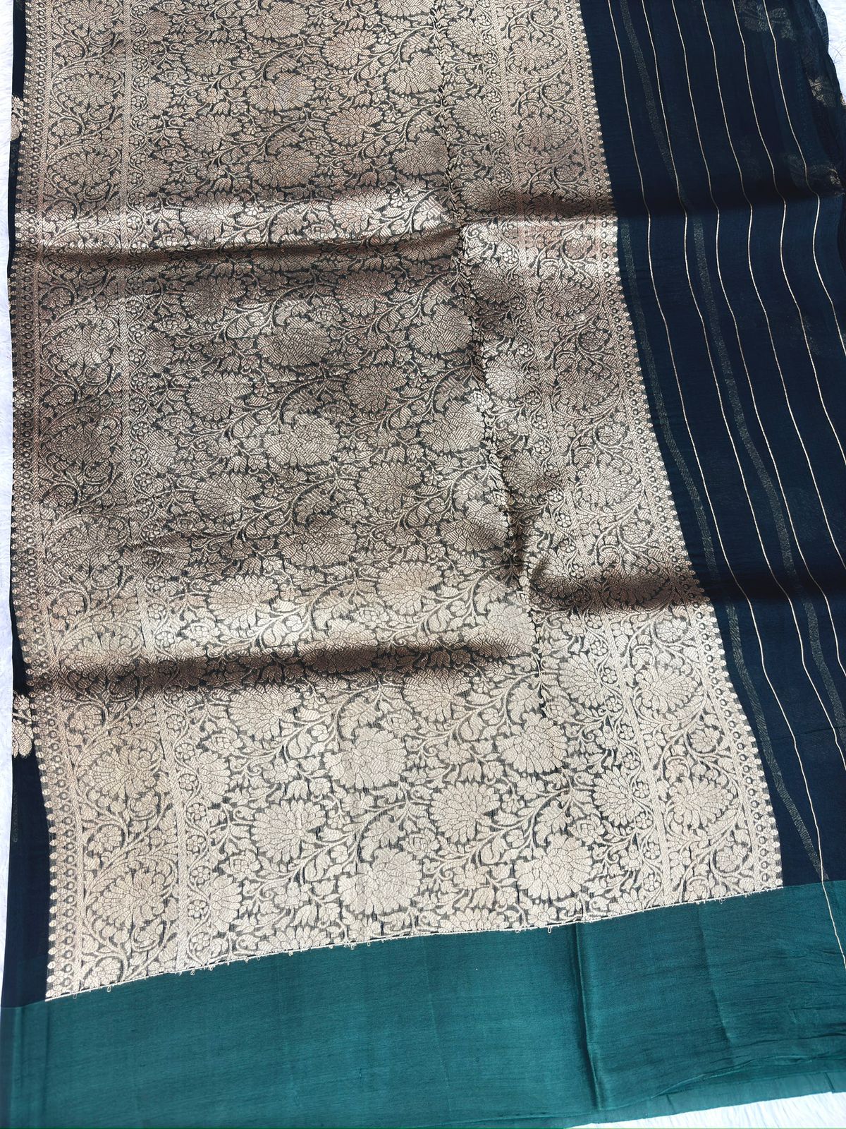 Midnight Teal Kora Designer Kadhua Handloom Banarasi Saree with Antique Silver Zari Jaal