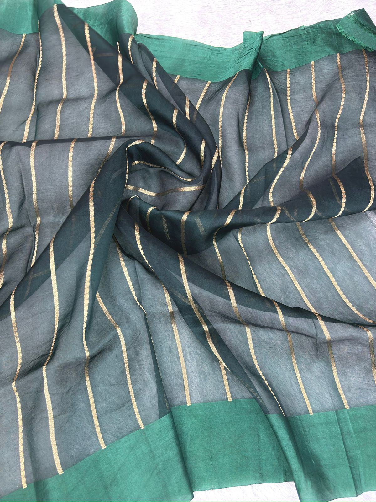 Midnight Teal Kora Designer Kadhua Handloom Banarasi Saree with Antique Silver Zari Jaal