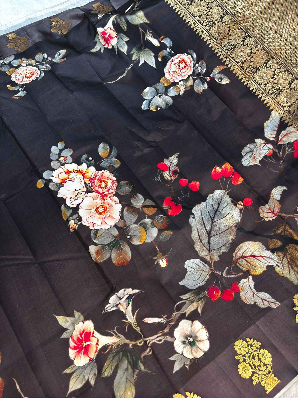 Midnight Black Katan Silk Lightweight Kadhua Banarasi Saree with Floral Print & Zari Border