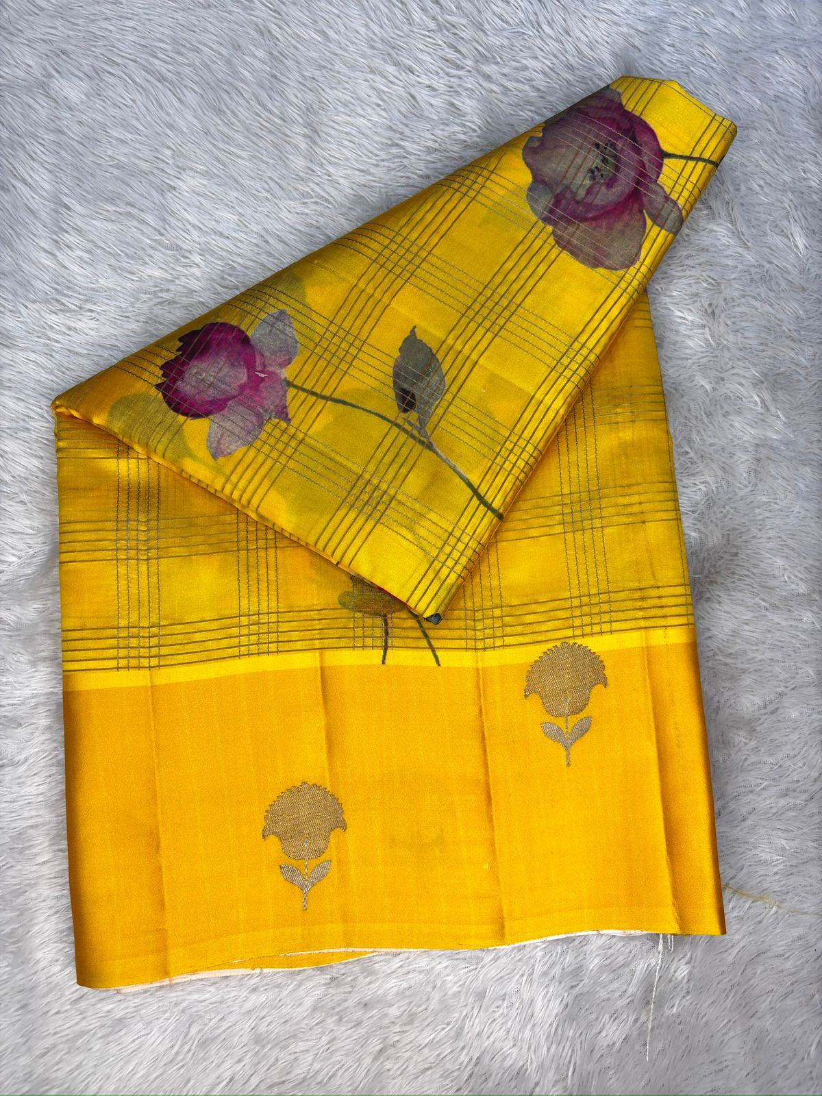 Sunflower Yellow with Multicolor Floral Print & Antique Gold Zari