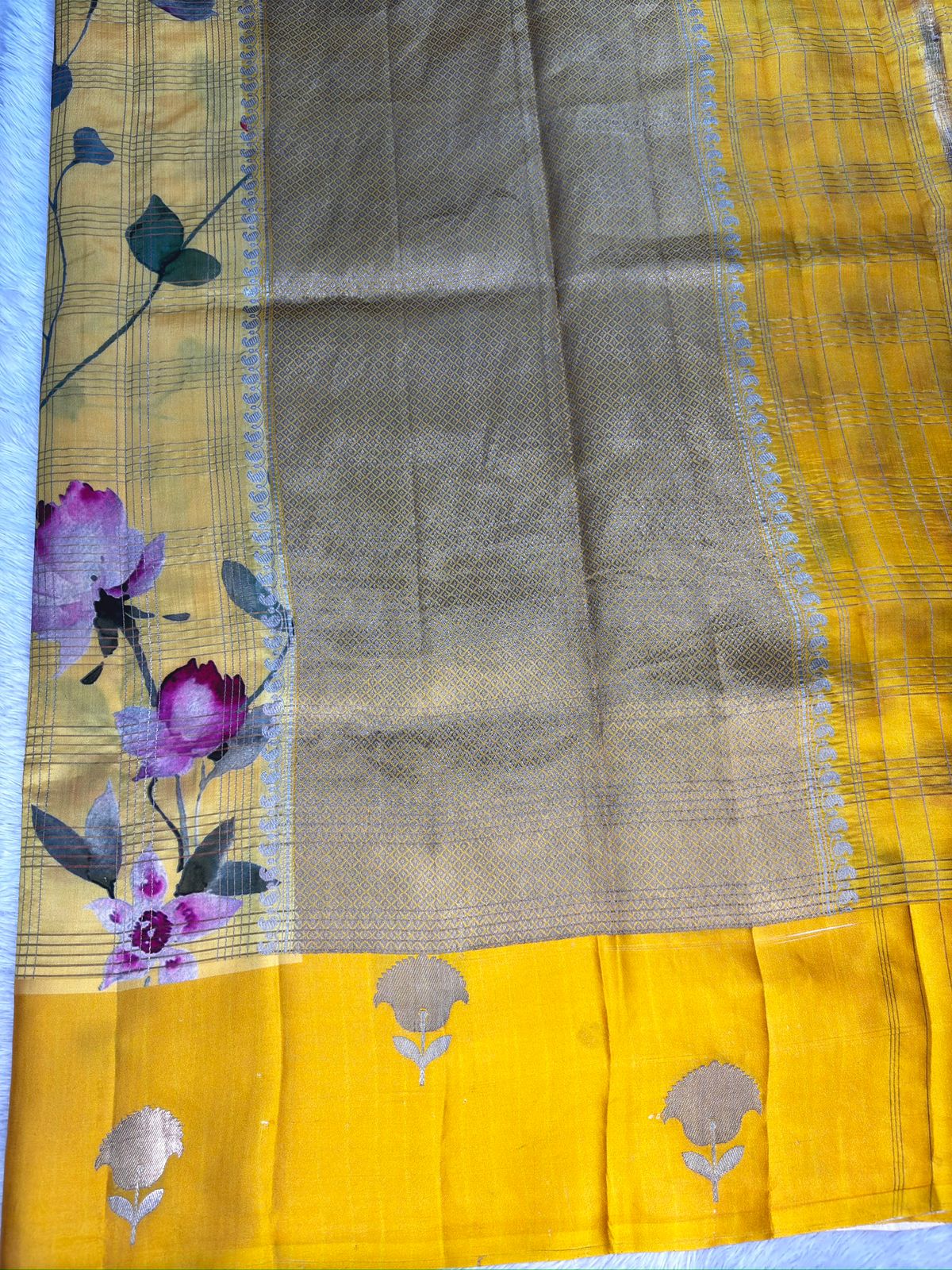 Sunflower Yellow with Multicolor Floral Print & Antique Gold Zari