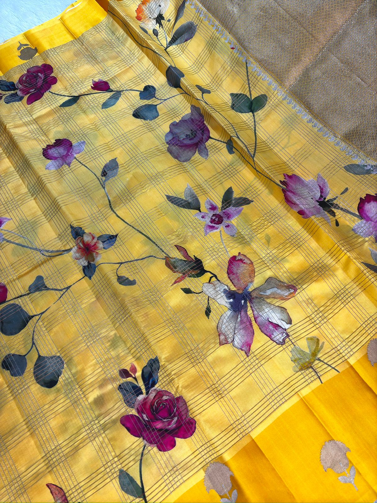 Sunflower Yellow with Multicolor Floral Print & Antique Gold Zari