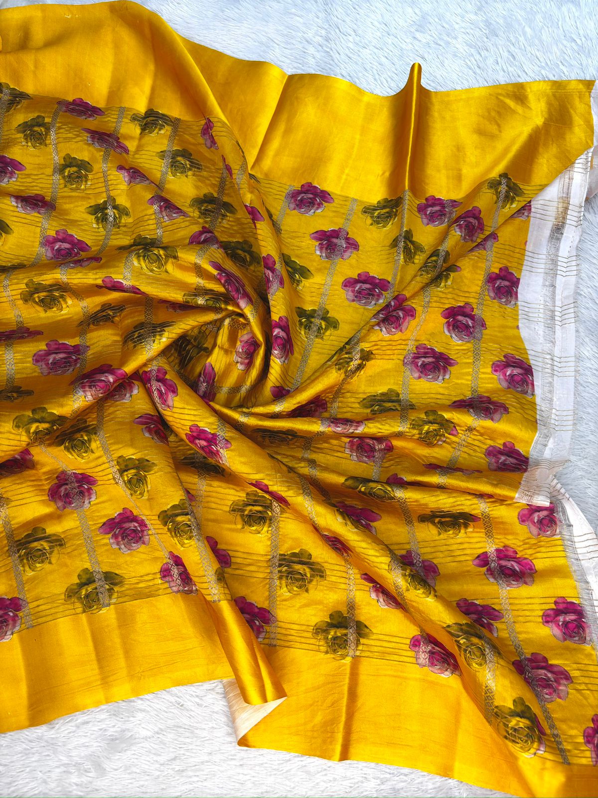 Sunflower Yellow with Multicolor Floral Print & Antique Gold Zari