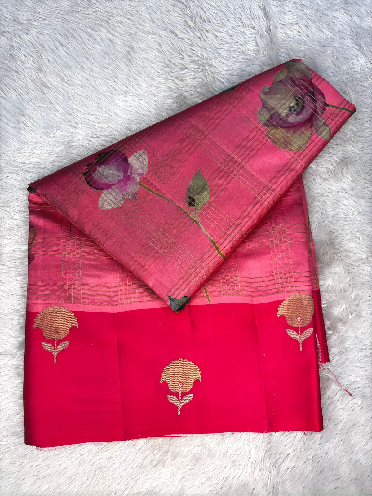 Rani Pink with Multicolor Floral Print & Antique Gold Zari