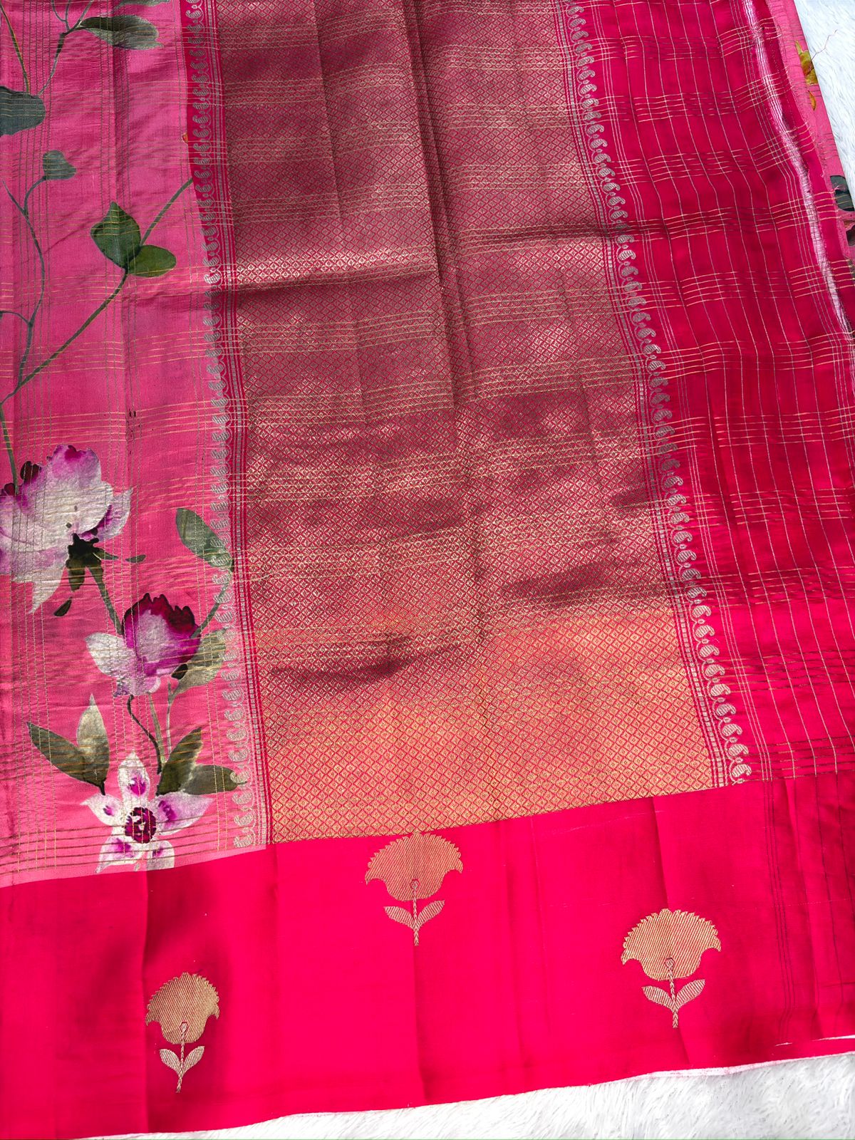 Rani Pink with Multicolor Floral Print & Antique Gold Zari