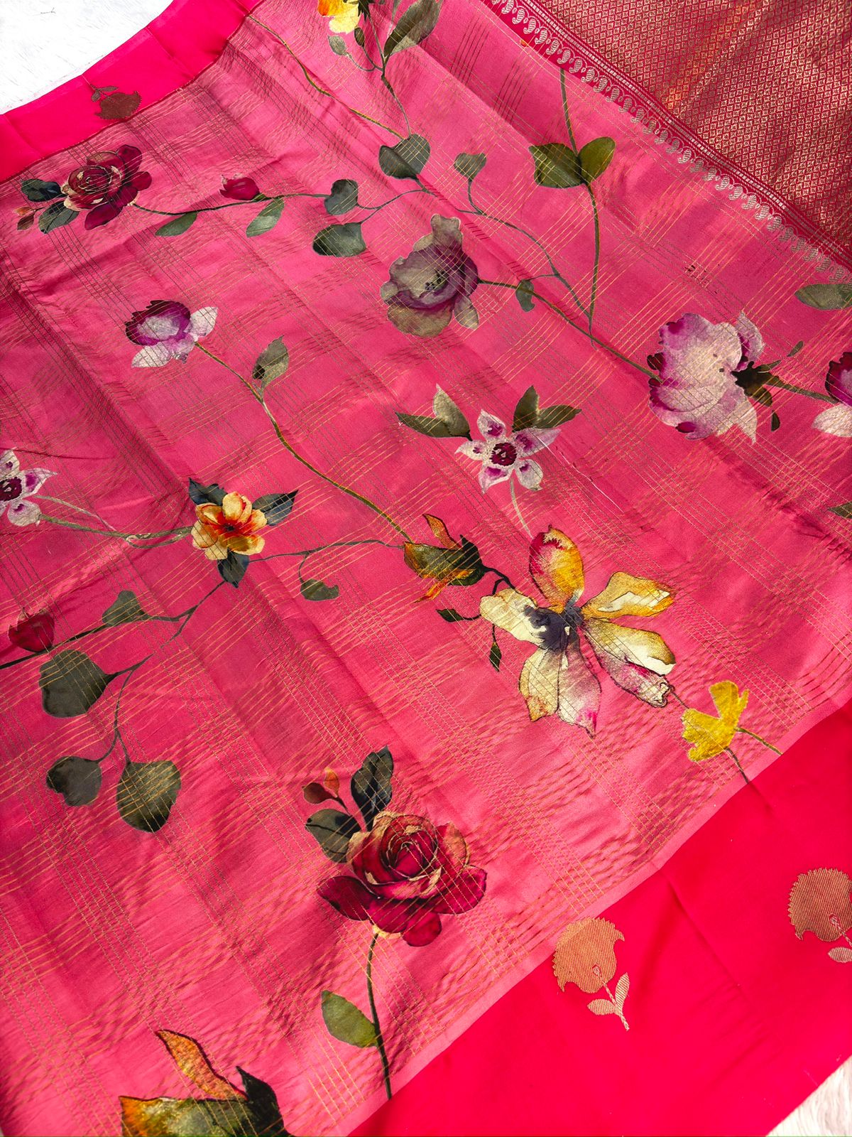 Rani Pink with Multicolor Floral Print & Antique Gold Zari