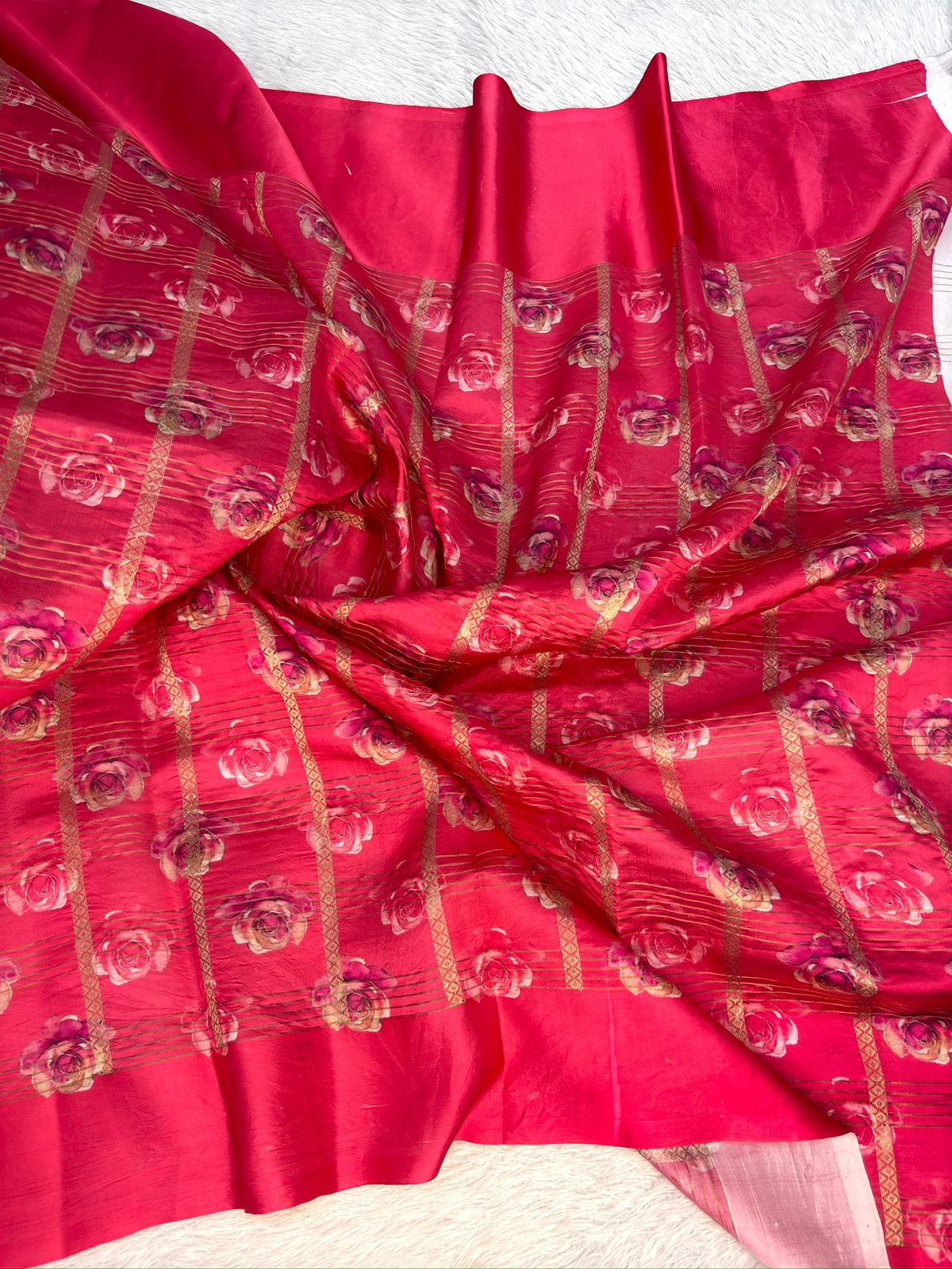 Rani Pink with Multicolor Floral Print & Antique Gold Zari