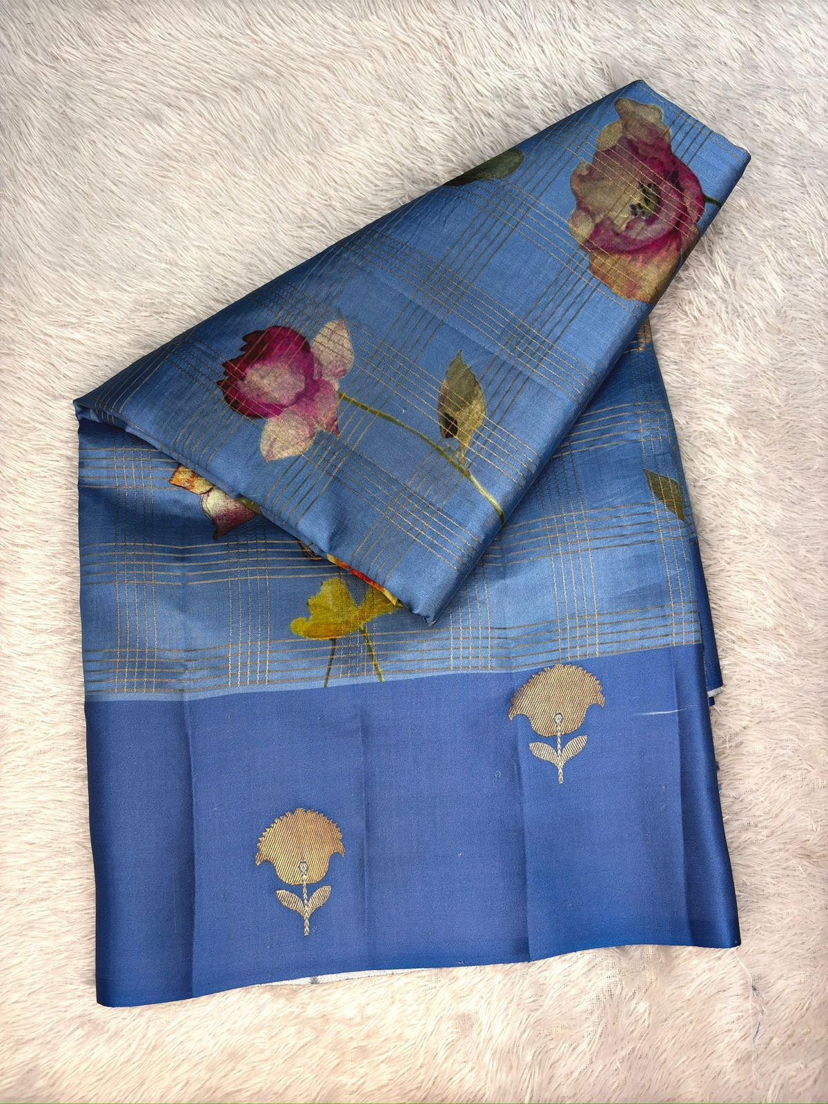 Powder Blue with Multicolor Floral Print & Antique Gold Zari