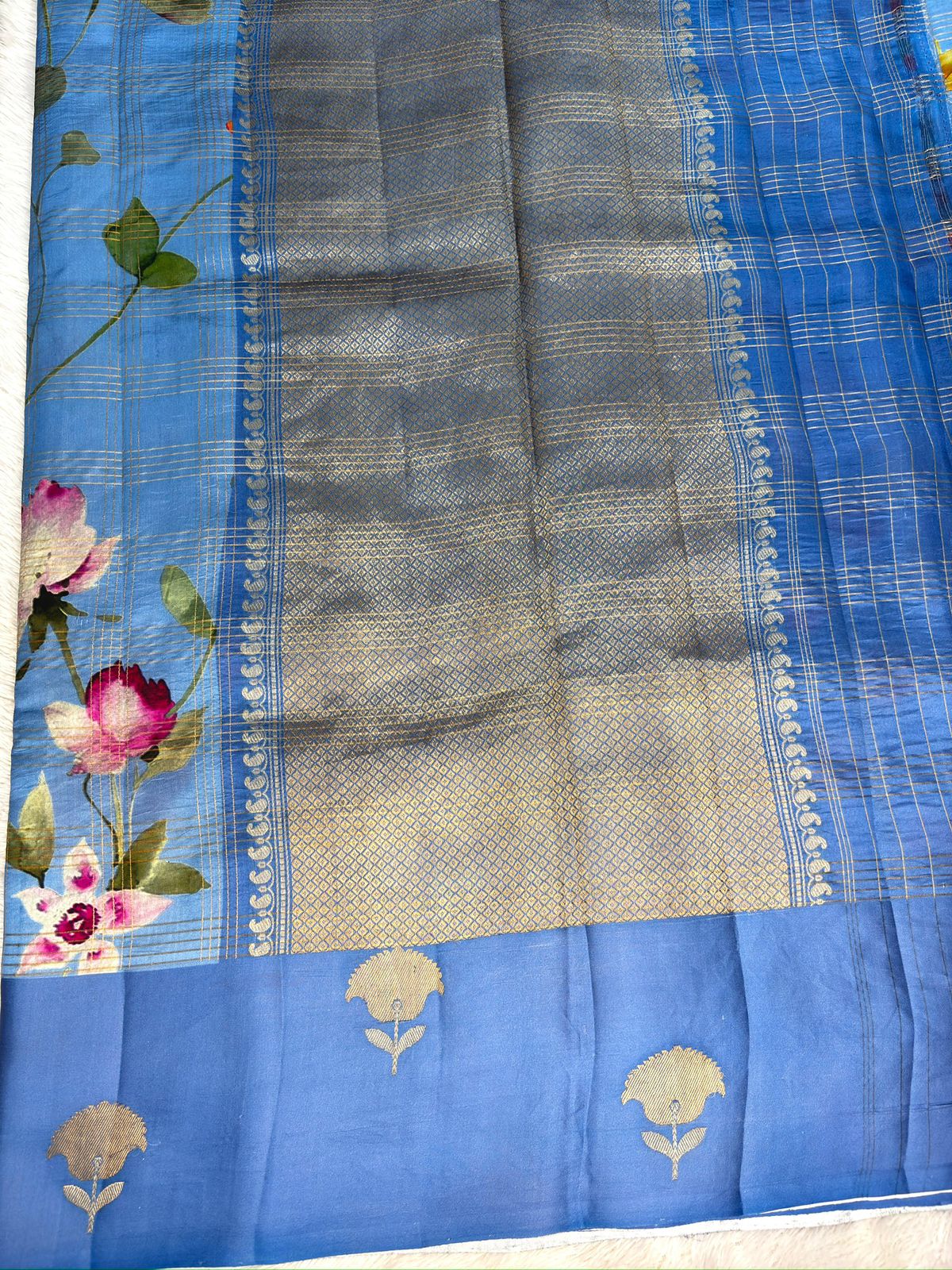 Powder Blue with Multicolor Floral Print & Antique Gold Zari