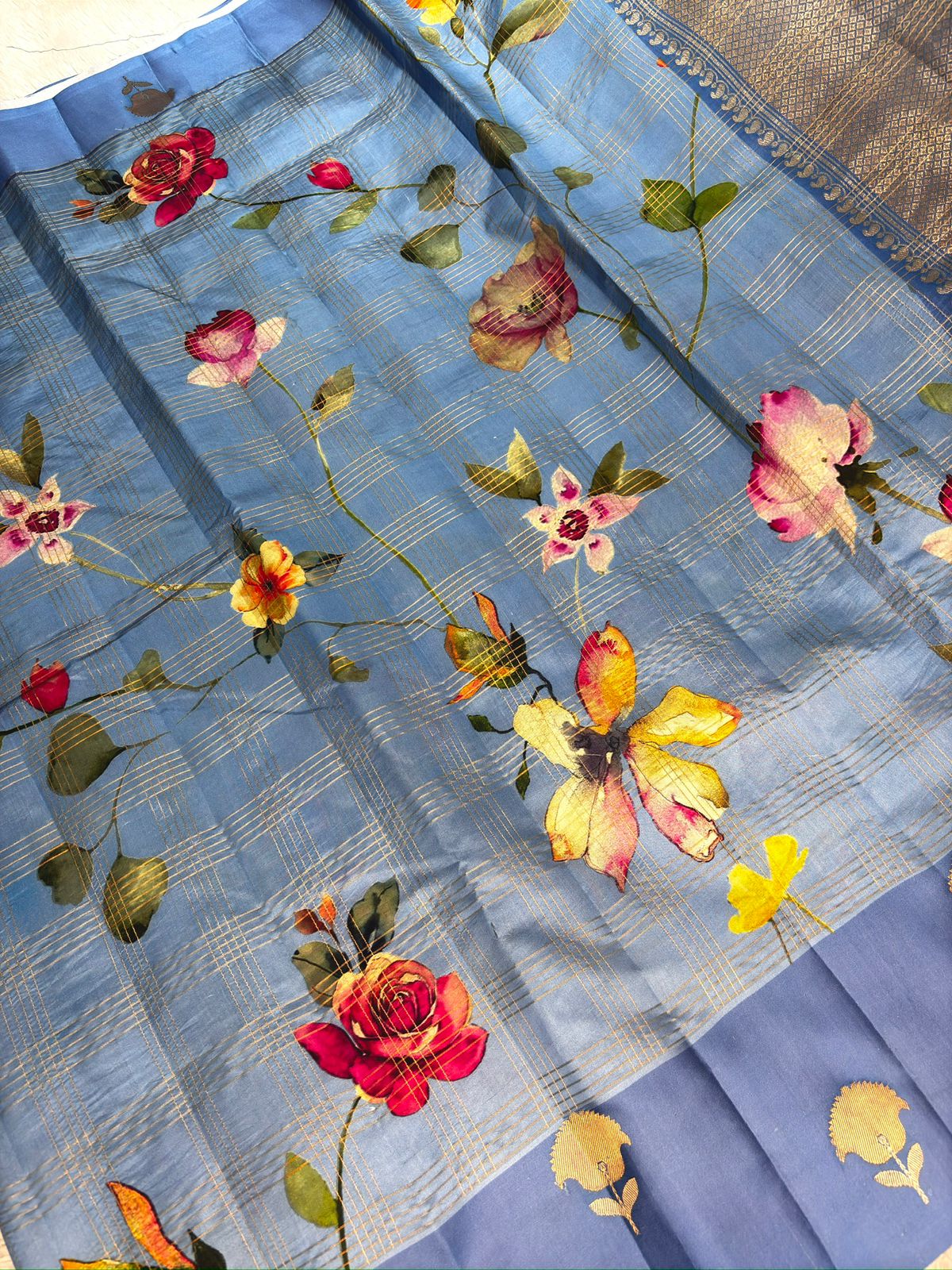 Powder Blue with Multicolor Floral Print & Antique Gold Zari