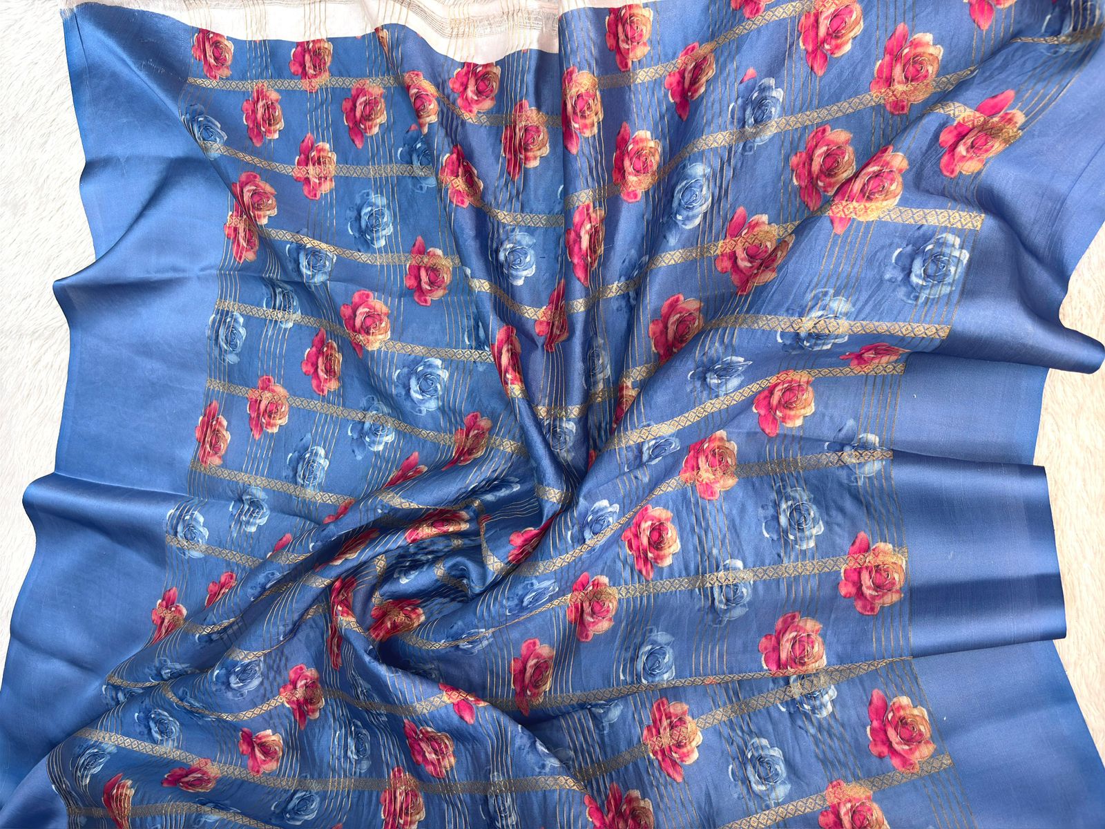 Powder Blue with Multicolor Floral Print & Antique Gold Zari