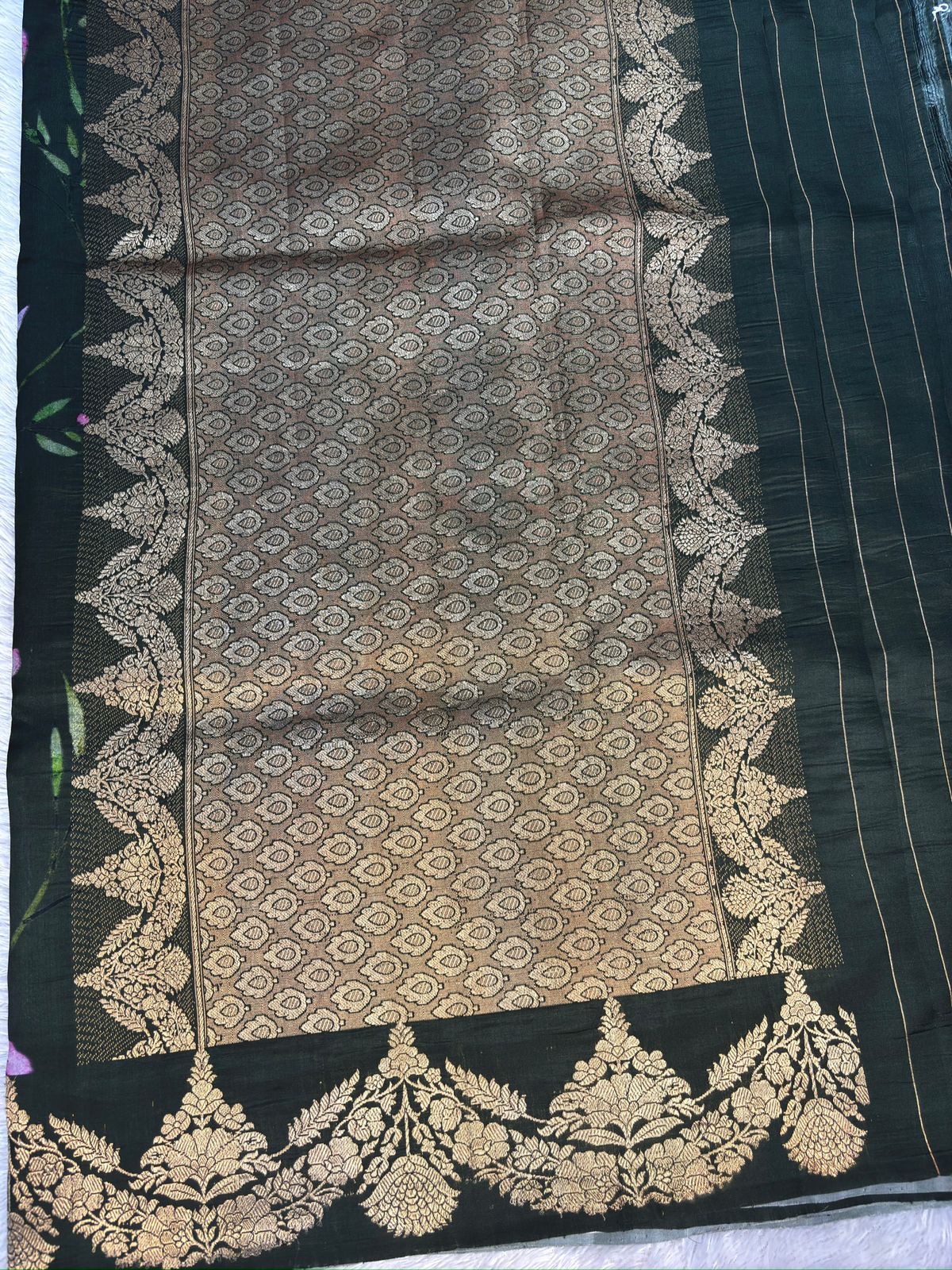 Bottle Green Lightweight Katan Silk Kadhua Banarasi Saree with Floral Print & Rich Zari Border