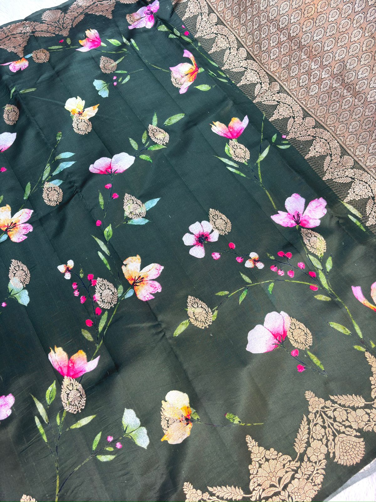 Bottle Green Lightweight Katan Silk Kadhua Banarasi Saree with Floral Print & Rich Zari Border