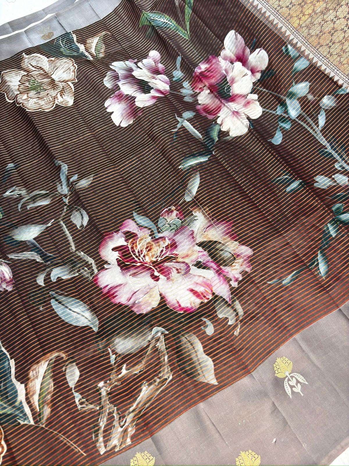 Charcoal Grey Lightweight Katan Silk Kadhua Banarasi Saree with Floral Print & Zari Pallu