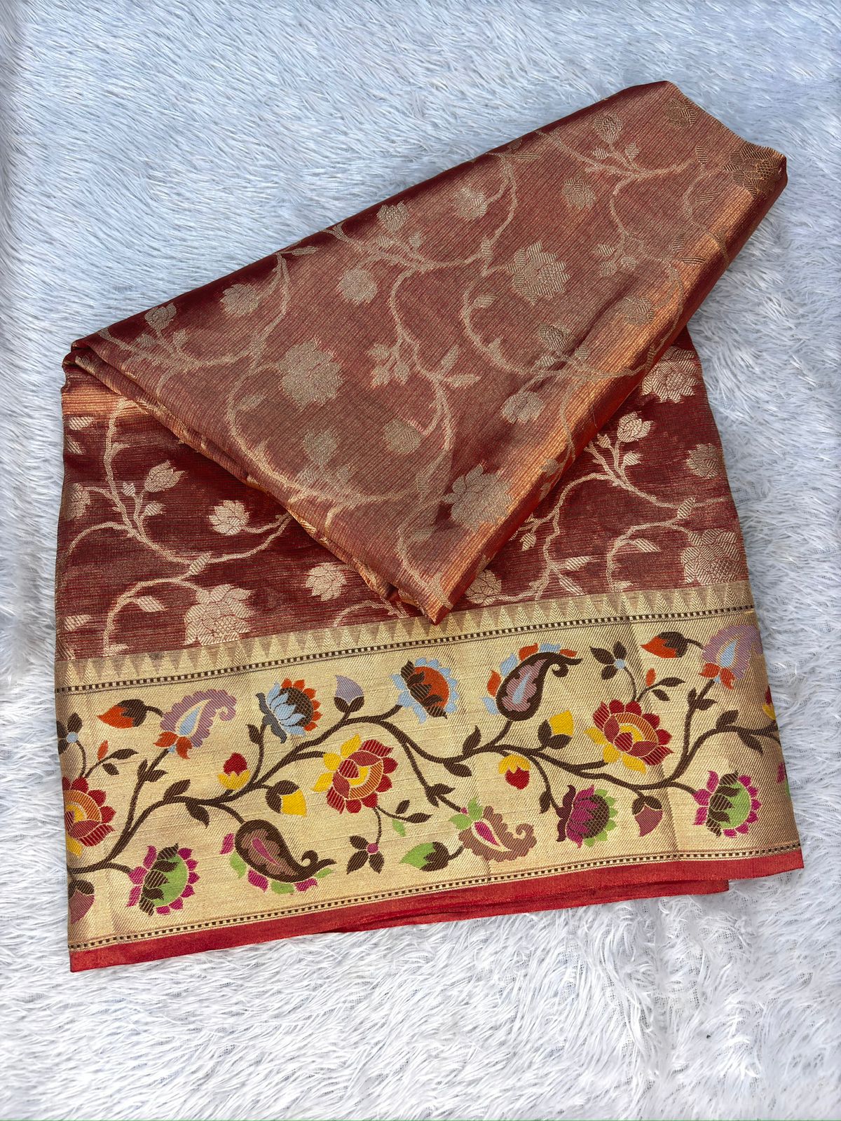Rust Red Tissue Silk Banarasi Saree with Meenakari Floral Border