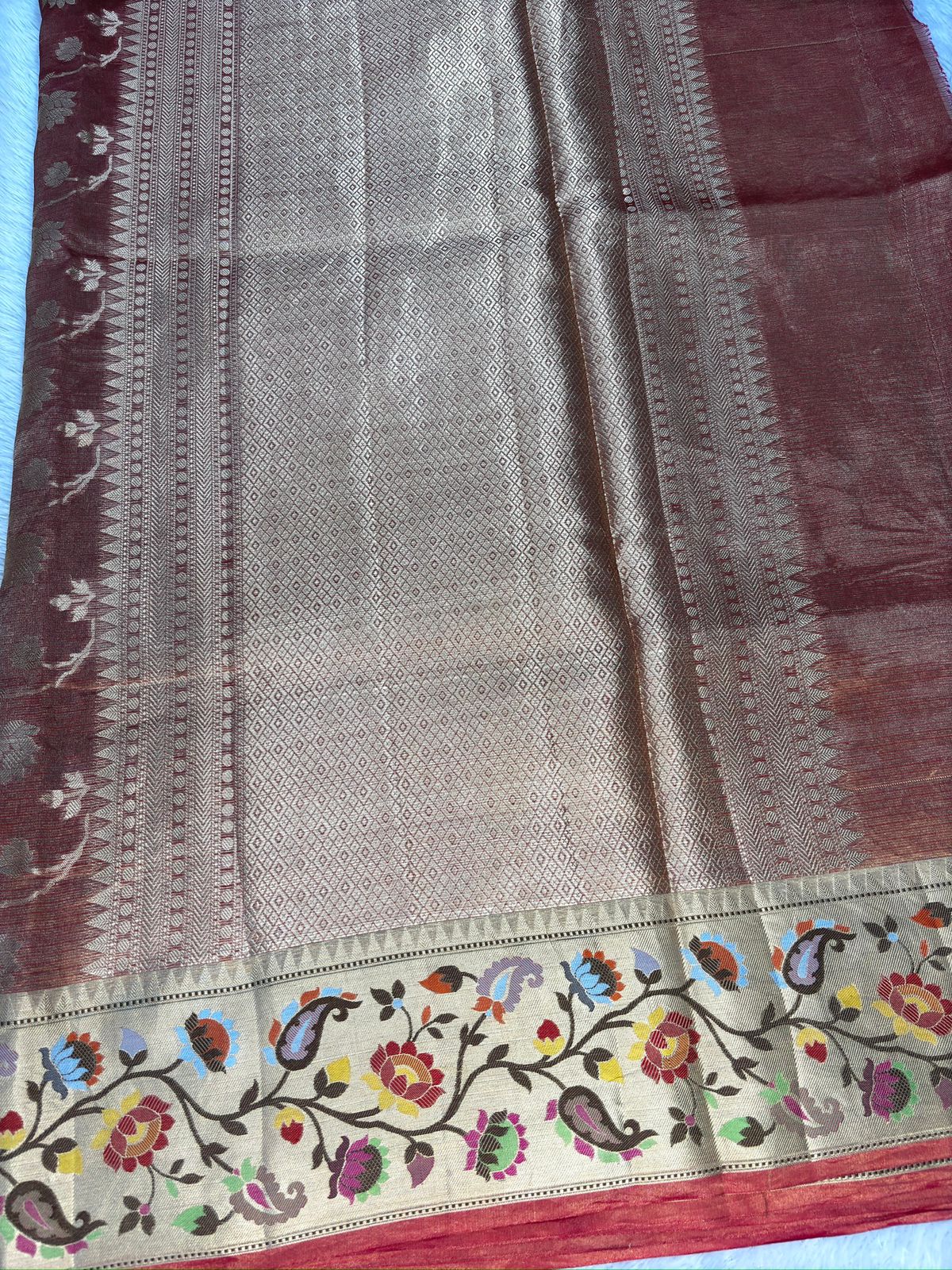 Rust Red Tissue Silk Banarasi Saree with Meenakari Floral Border