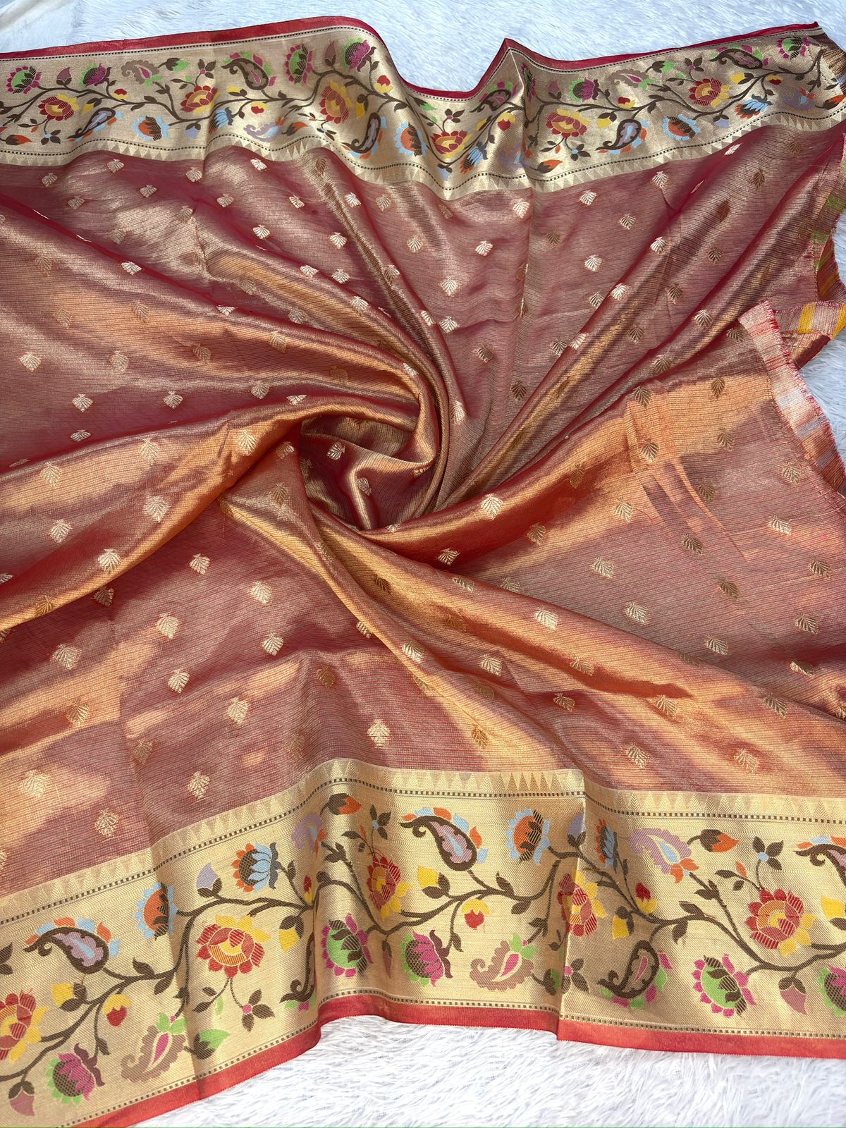 Rust Red Tissue Silk Banarasi Saree with Meenakari Floral Border