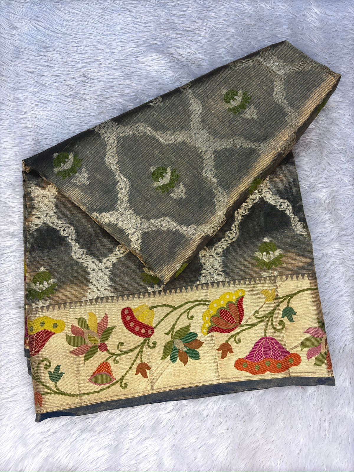 Steel Grey Tissue Silk Banarasi Saree with Meenakari Floral Border
