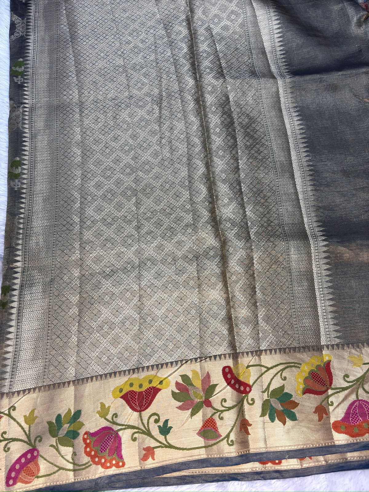 Steel Grey Tissue Silk Banarasi Saree with Meenakari Floral Border