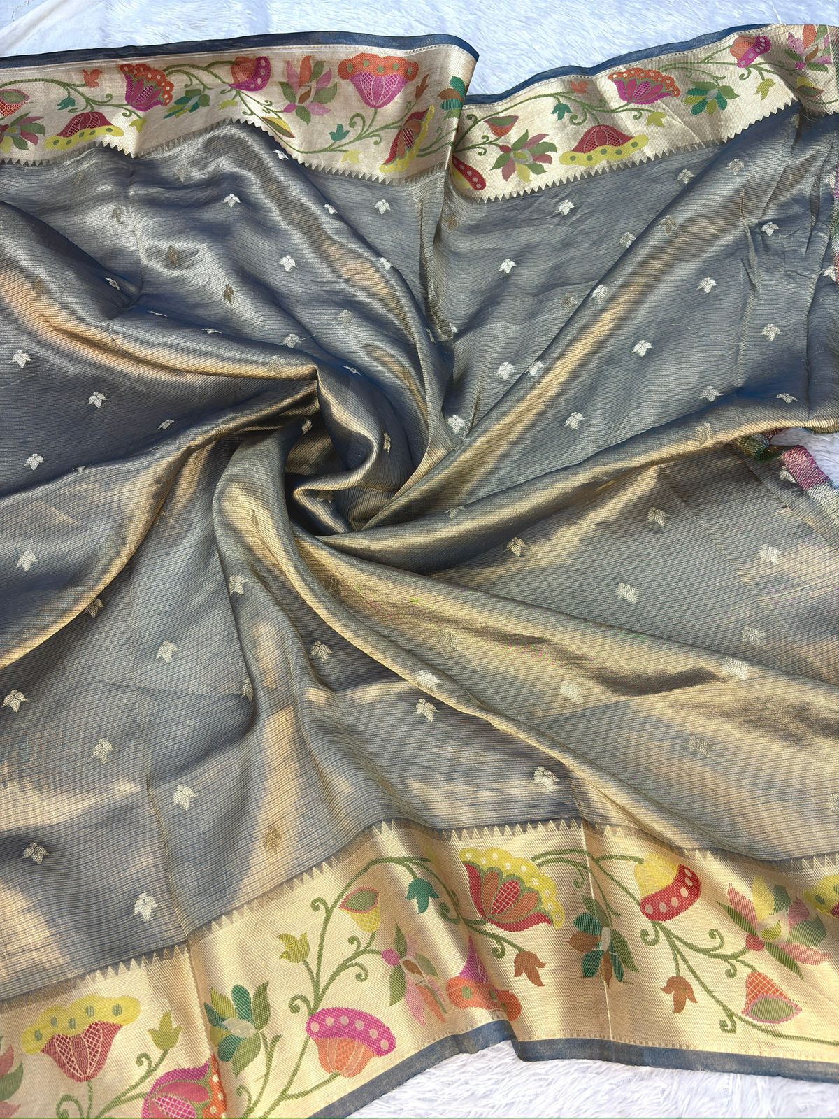 Steel Grey Tissue Silk Banarasi Saree with Meenakari Floral Border