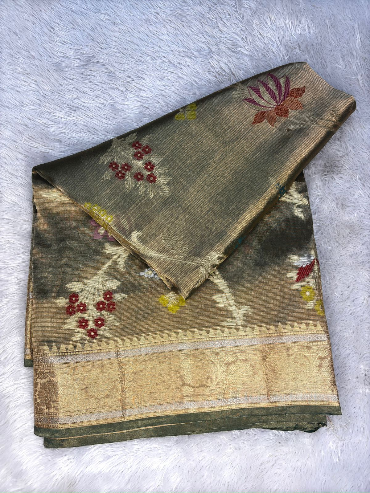 Elegant Grey Tissue Silk Banarasi Saree with Multicolor Meenakari Floral Jaal & Antique Zari Border