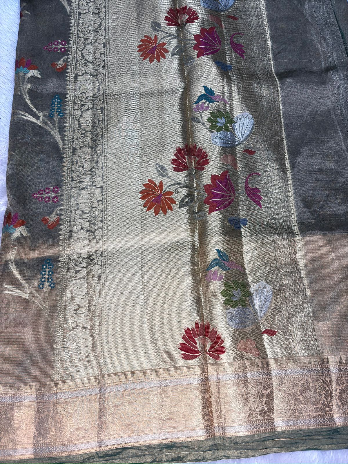 Elegant Grey Tissue Silk Banarasi Saree with Multicolor Meenakari Floral Jaal & Antique Zari Border