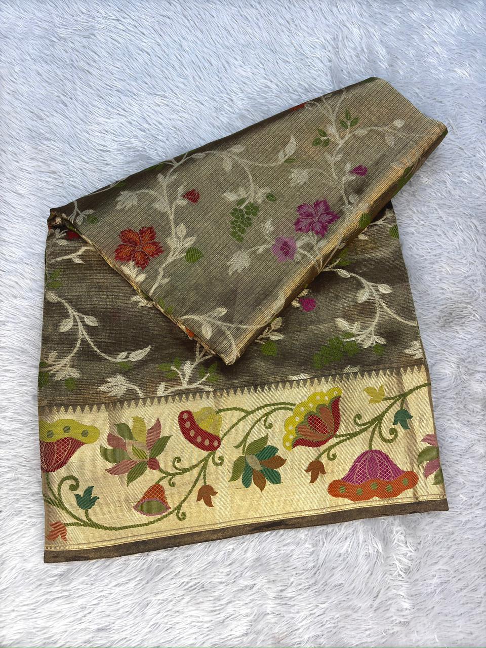 Premium Olive Grey Tissue Silk Banarasi Saree with Multicolor Meenakari Border & Floral Jaal