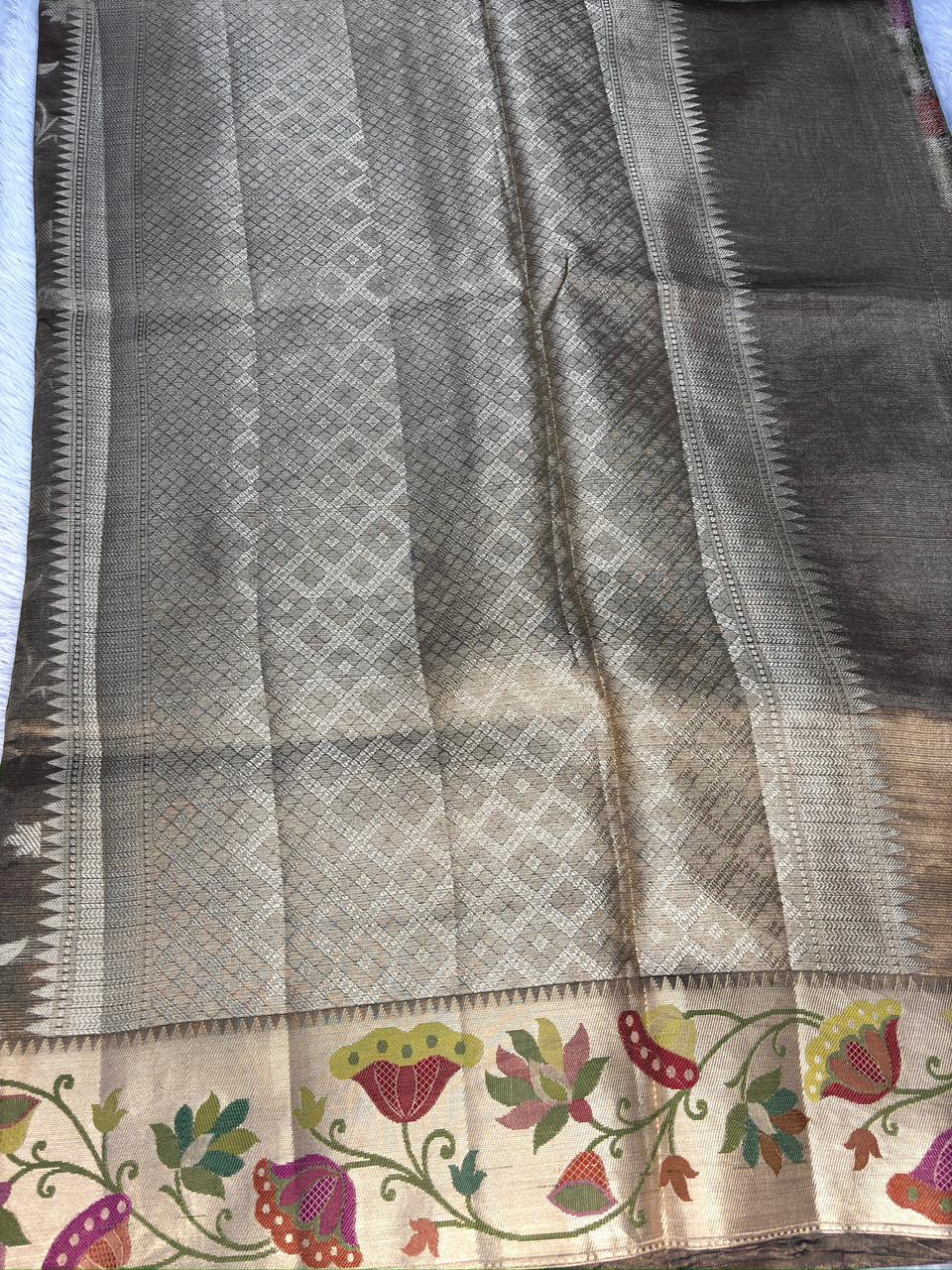 Premium Olive Grey Tissue Silk Banarasi Saree with Multicolor Meenakari Border & Floral Jaal