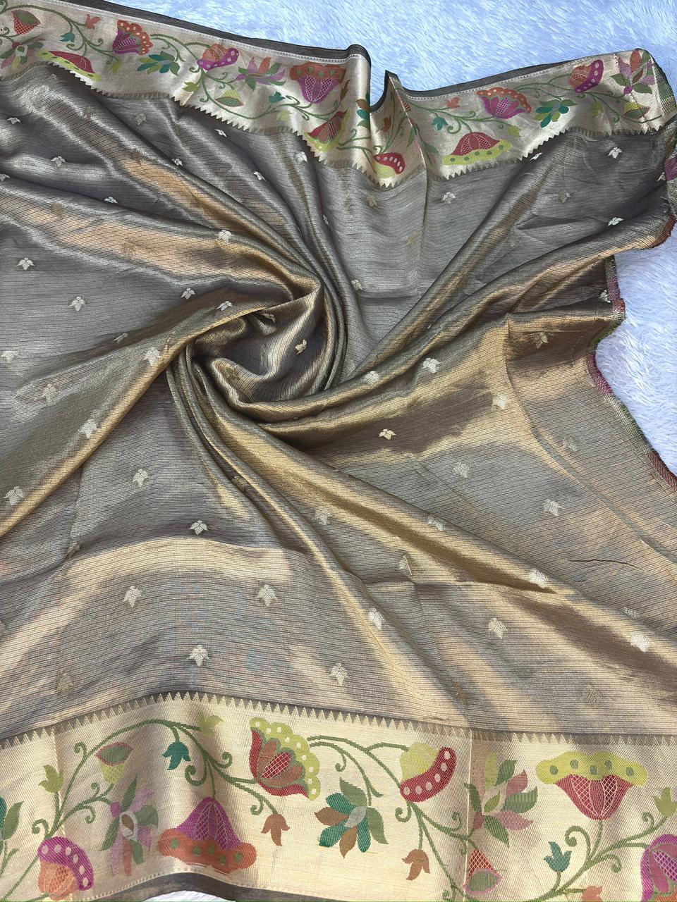 Premium Olive Grey Tissue Silk Banarasi Saree with Multicolor Meenakari Border & Floral Jaal