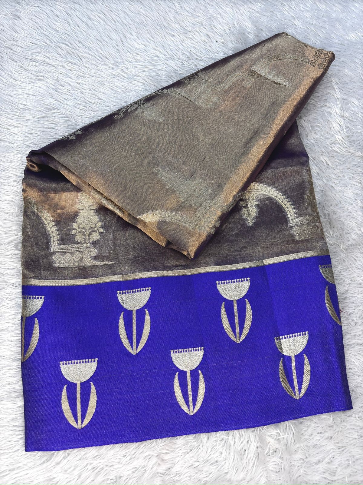 Elegant Steel Grey Tissue Silk Banarasi Saree with Royal Blue Zari Border