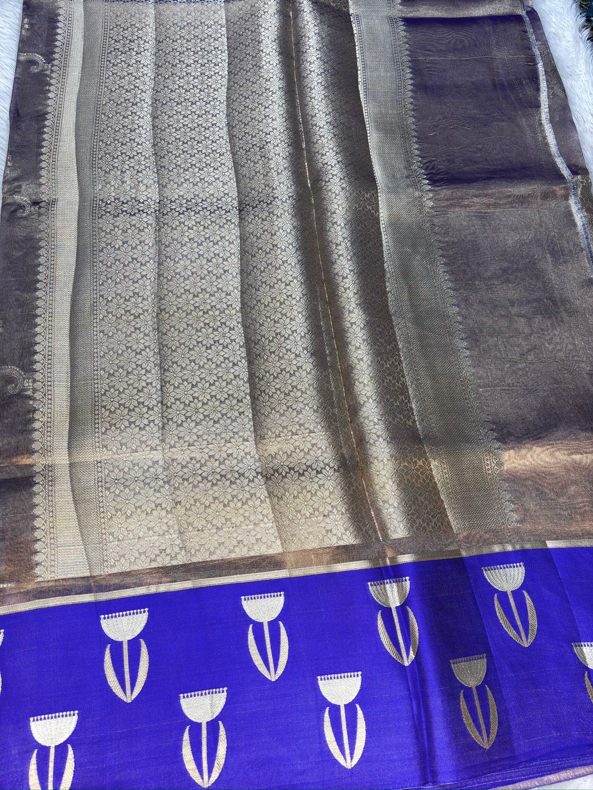 Elegant Steel Grey Tissue Silk Banarasi Saree with Royal Blue Zari Border