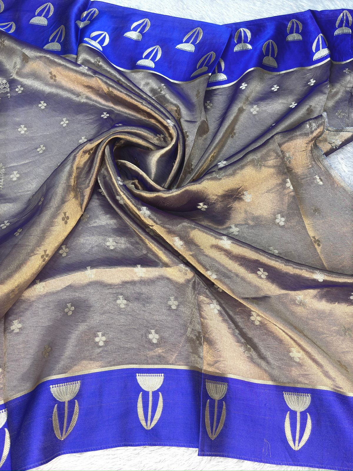 Elegant Steel Grey Tissue Silk Banarasi Saree with Royal Blue Zari Border
