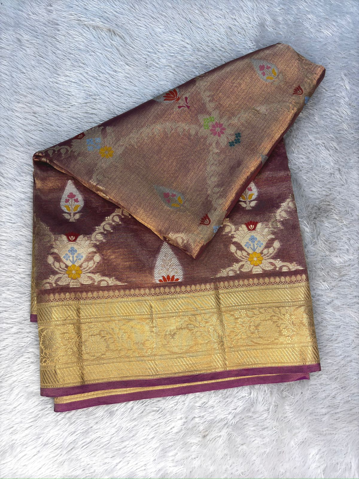 Royal Mauve Tissue Silk Banarasi Saree with Meenakari Motifs & Gold Zari Border