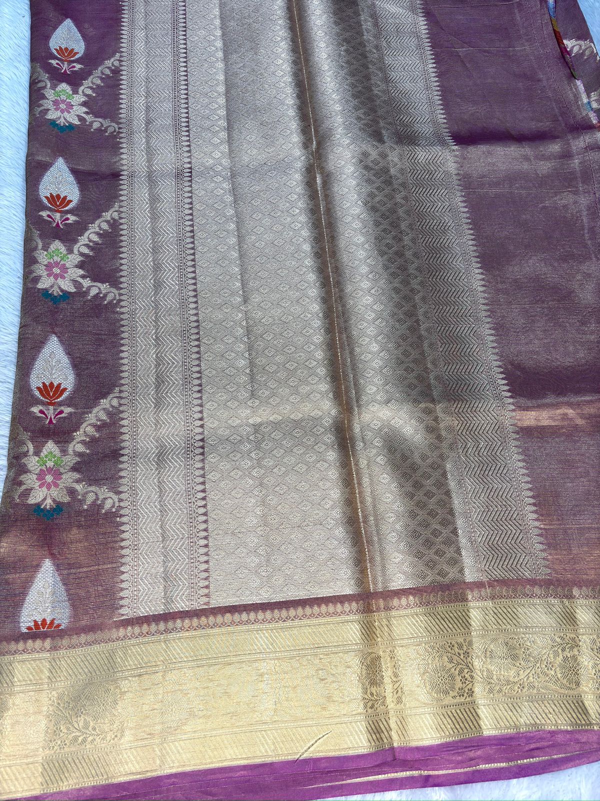 Royal Mauve Tissue Silk Banarasi Saree with Meenakari Motifs & Gold Zari Border