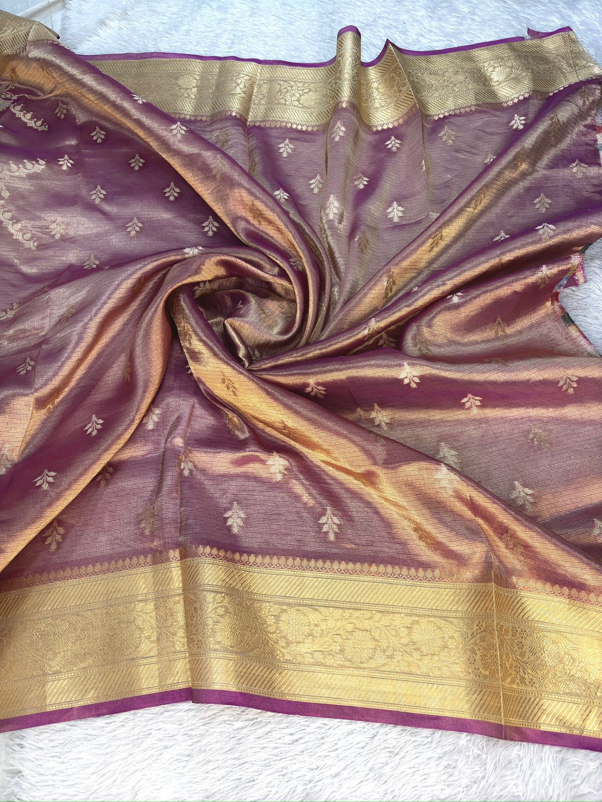 Royal Mauve Tissue Silk Banarasi Saree with Meenakari Motifs & Gold Zari Border
