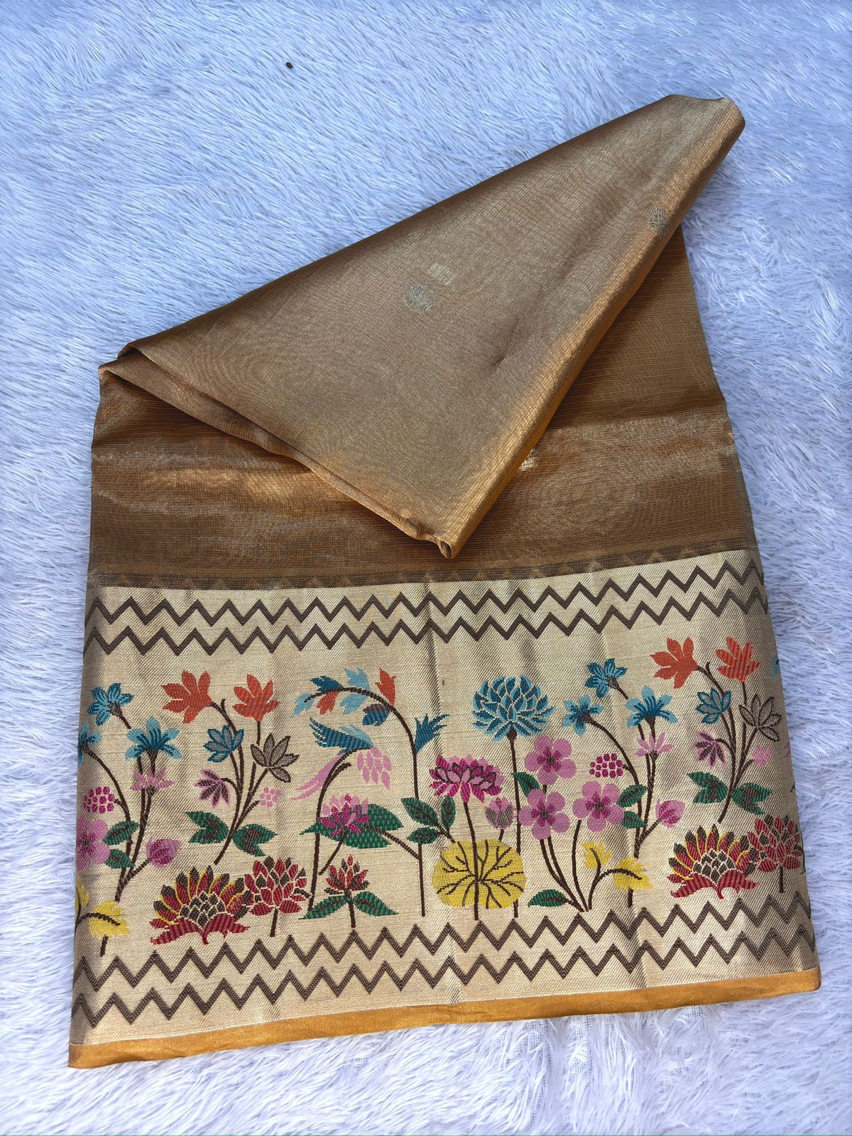 Golden Beige Tissue Silk Banarasi Saree with Multicolor Floral Border