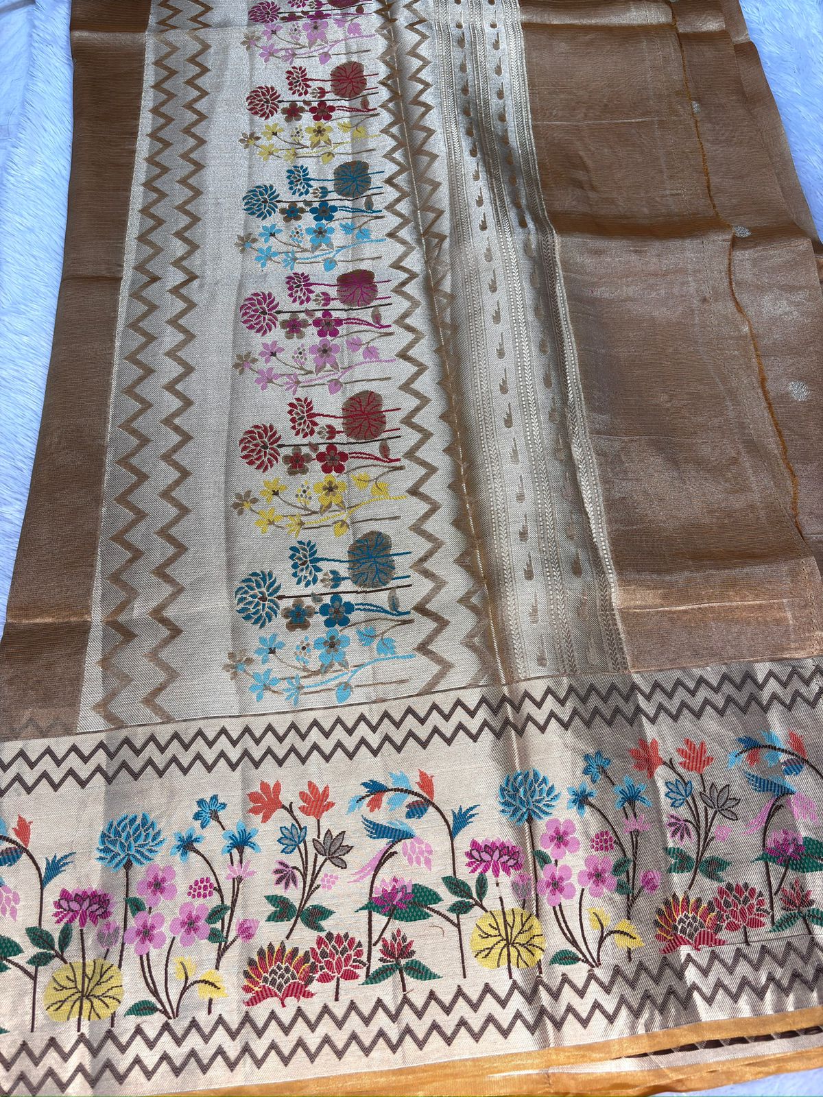 Golden Beige Tissue Silk Banarasi Saree with Multicolor Floral Border