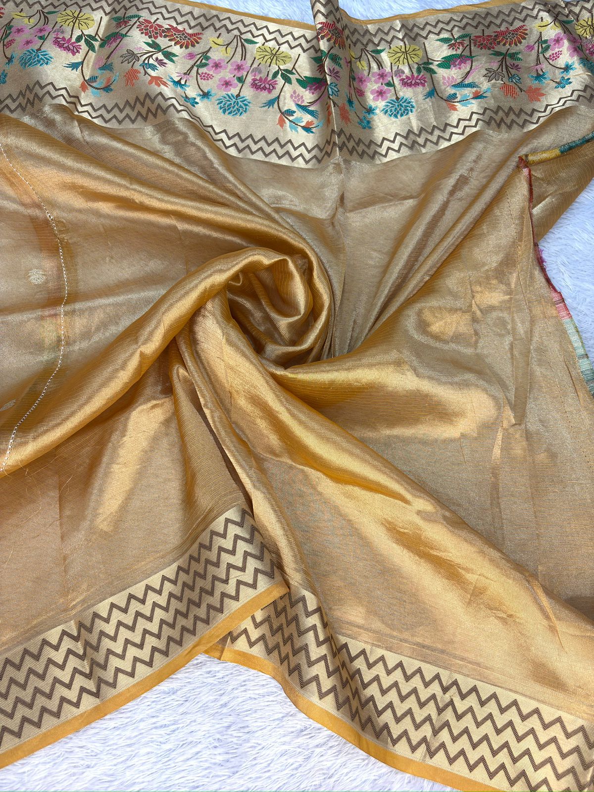Golden Beige Tissue Silk Banarasi Saree with Multicolor Floral Border