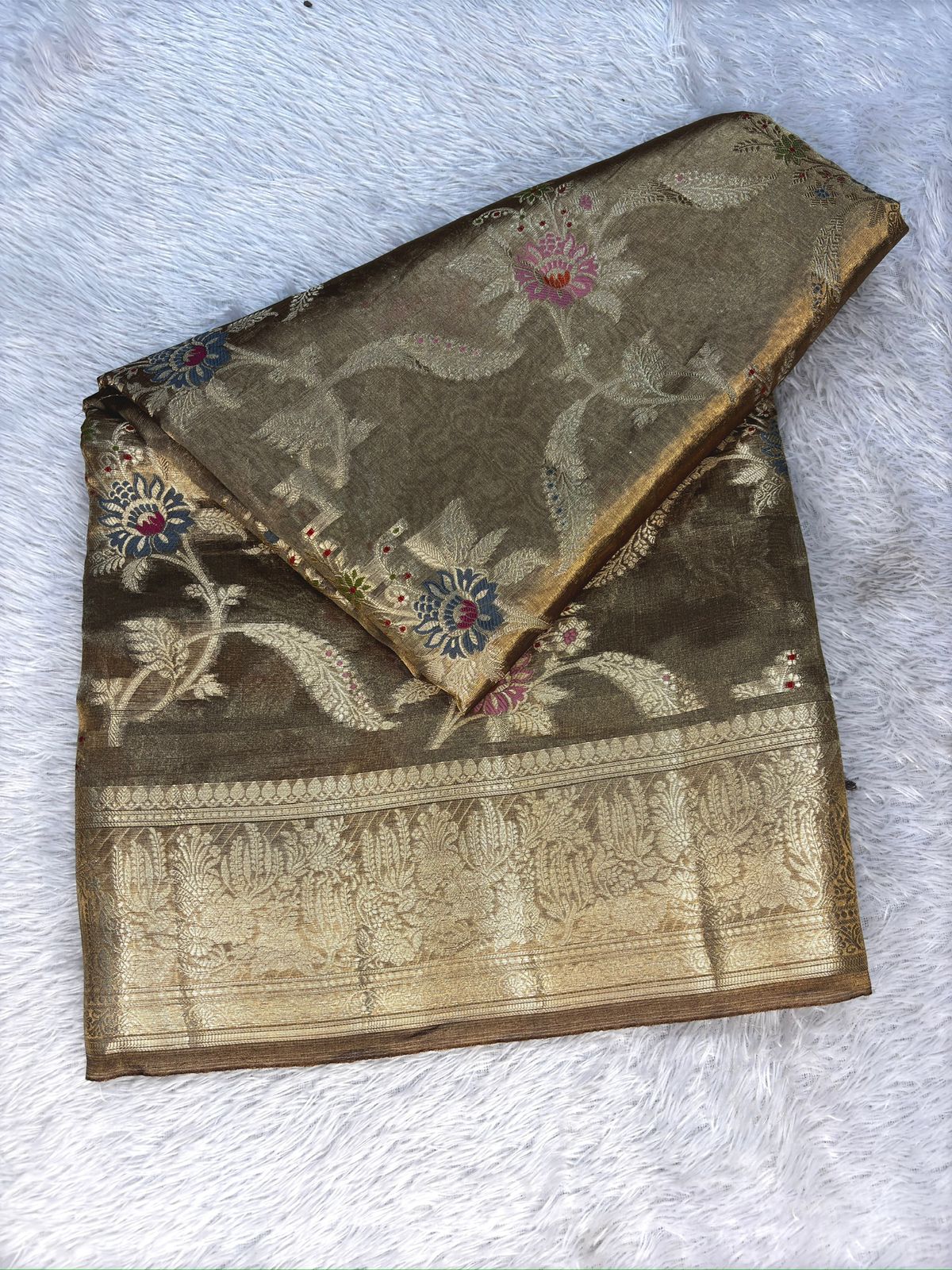 Antique Gold Tissue Silk Banarasi Saree with Meenakari Floral Weaving