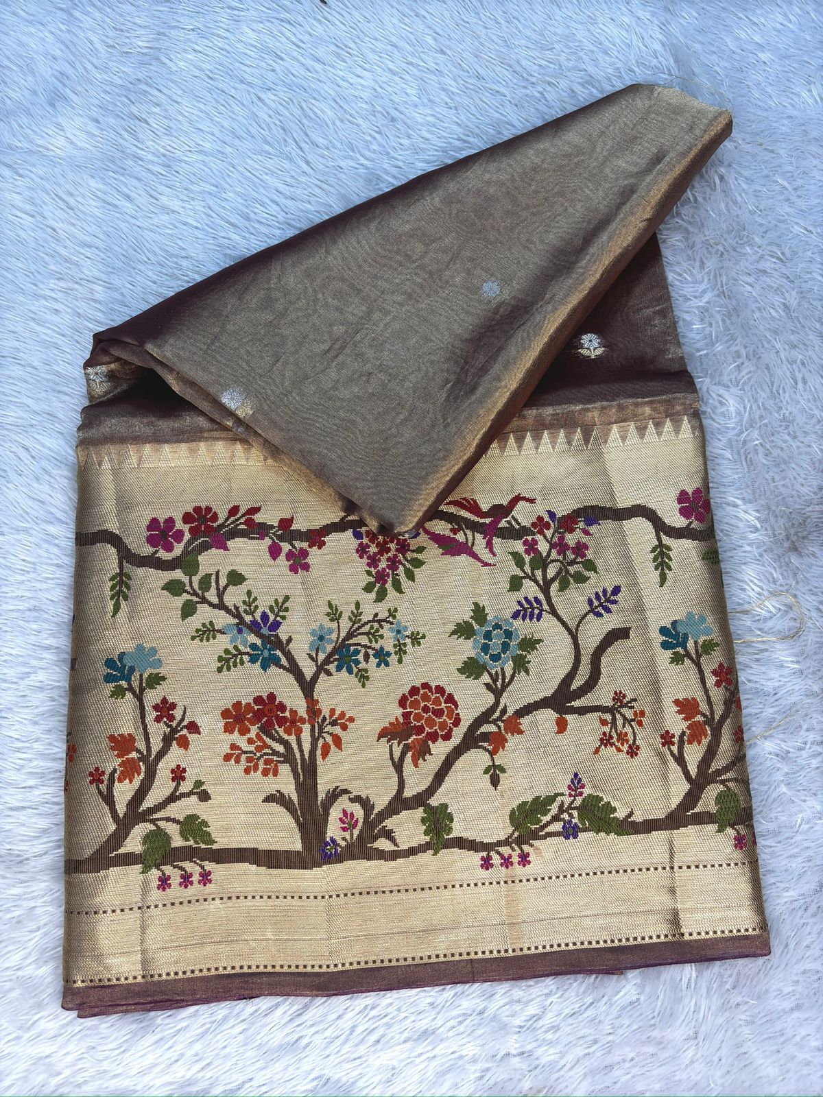 Antique Gold Tissue Silk Banarasi Saree with Meenakari Tree & Bird Border