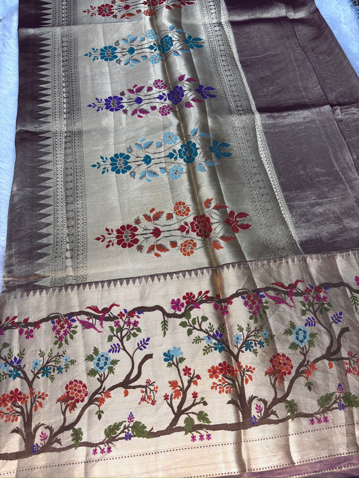Antique Gold Tissue Silk Banarasi Saree with Meenakari Tree & Bird Border