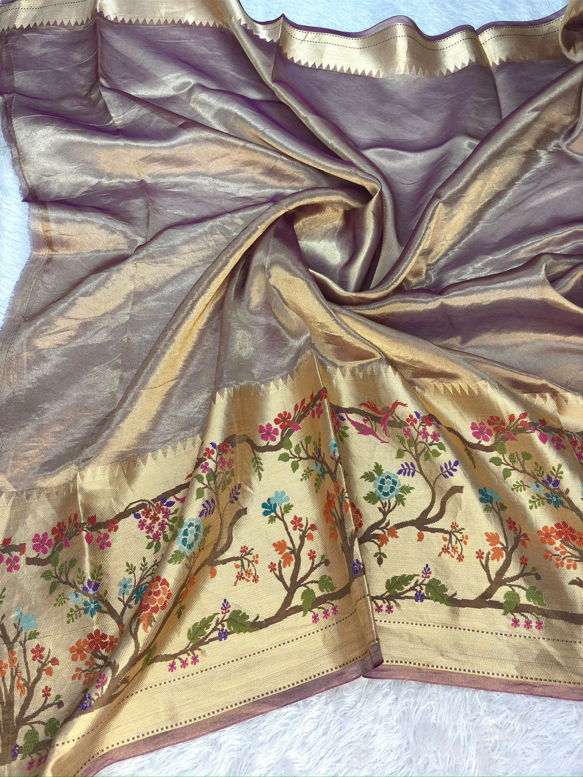 Antique Gold Tissue Silk Banarasi Saree with Meenakari Tree & Bird Border