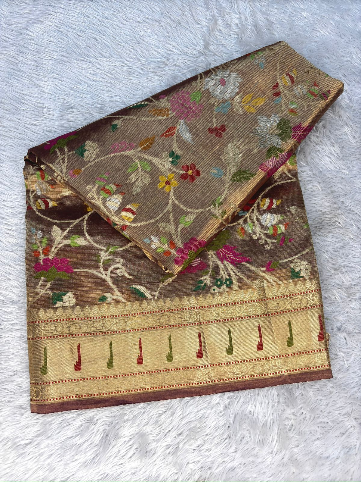 Antique Gold Tissue Silk Banarasi Saree with Meenakari Floral Jaal & Artistic Border