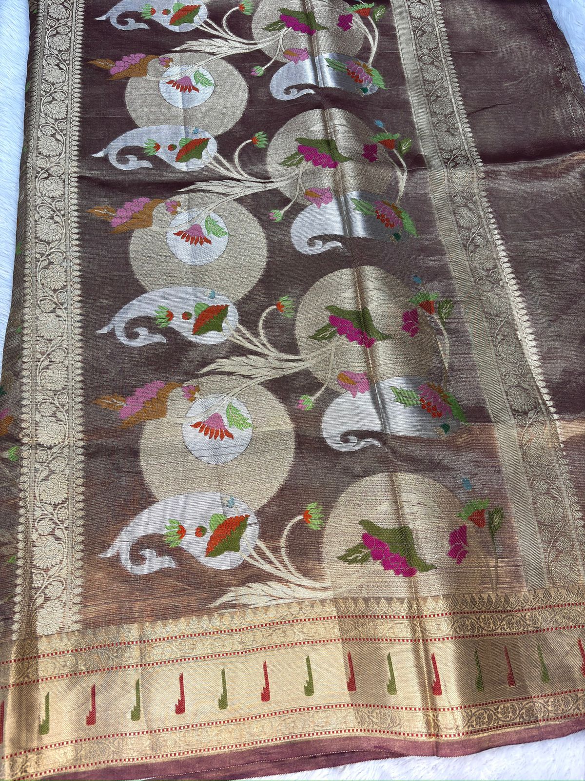Antique Gold Tissue Silk Banarasi Saree with Meenakari Floral Jaal & Artistic Border