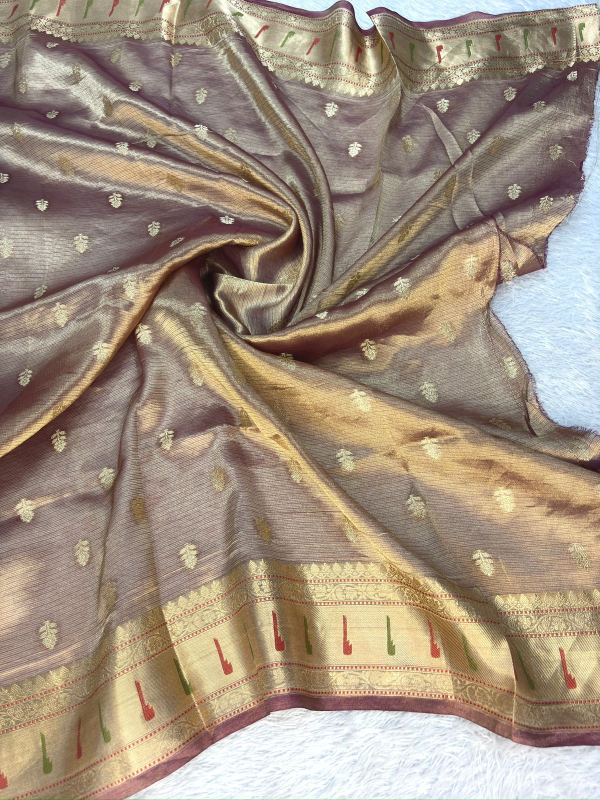 Antique Gold Tissue Silk Banarasi Saree with Meenakari Floral Jaal & Artistic Border