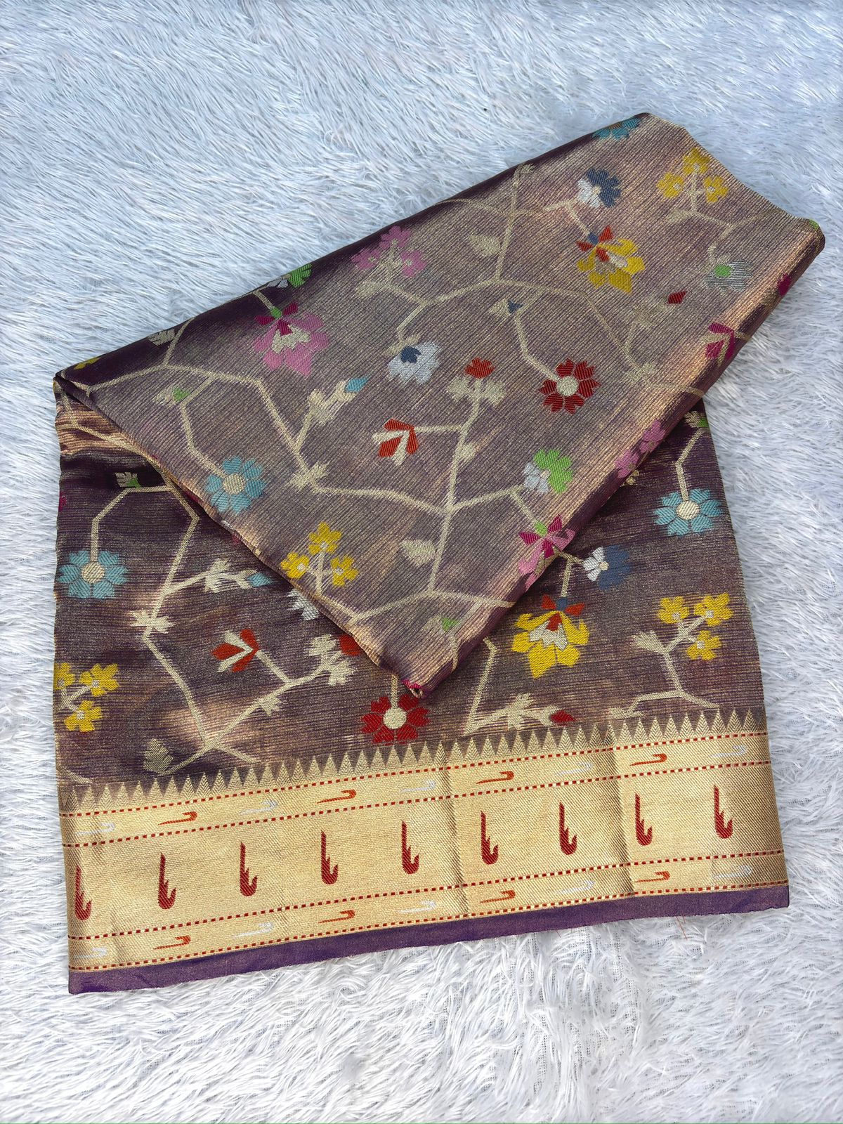 Dual Tone Mauve-Gold Tissue Silk Banarasi Saree with Geometric Jaal & Meenakari Border