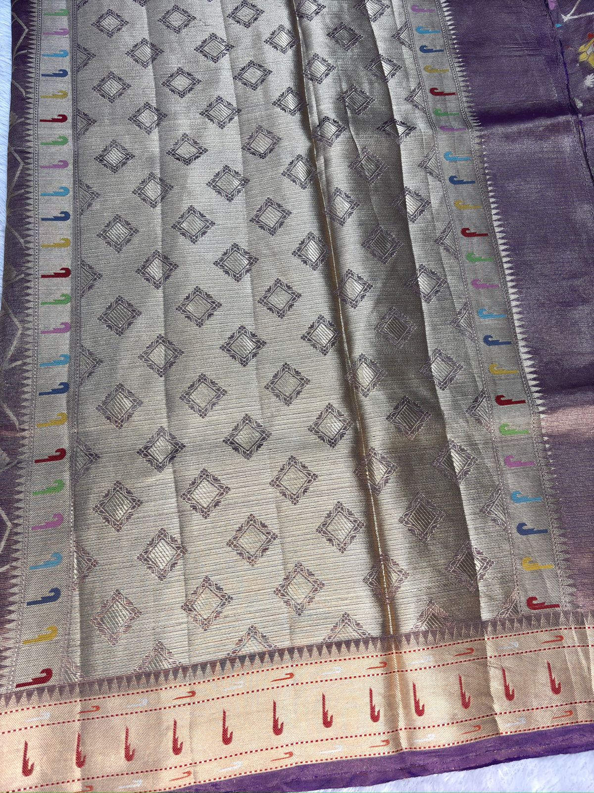 Dual Tone Mauve-Gold Tissue Silk Banarasi Saree with Geometric Jaal & Meenakari Border