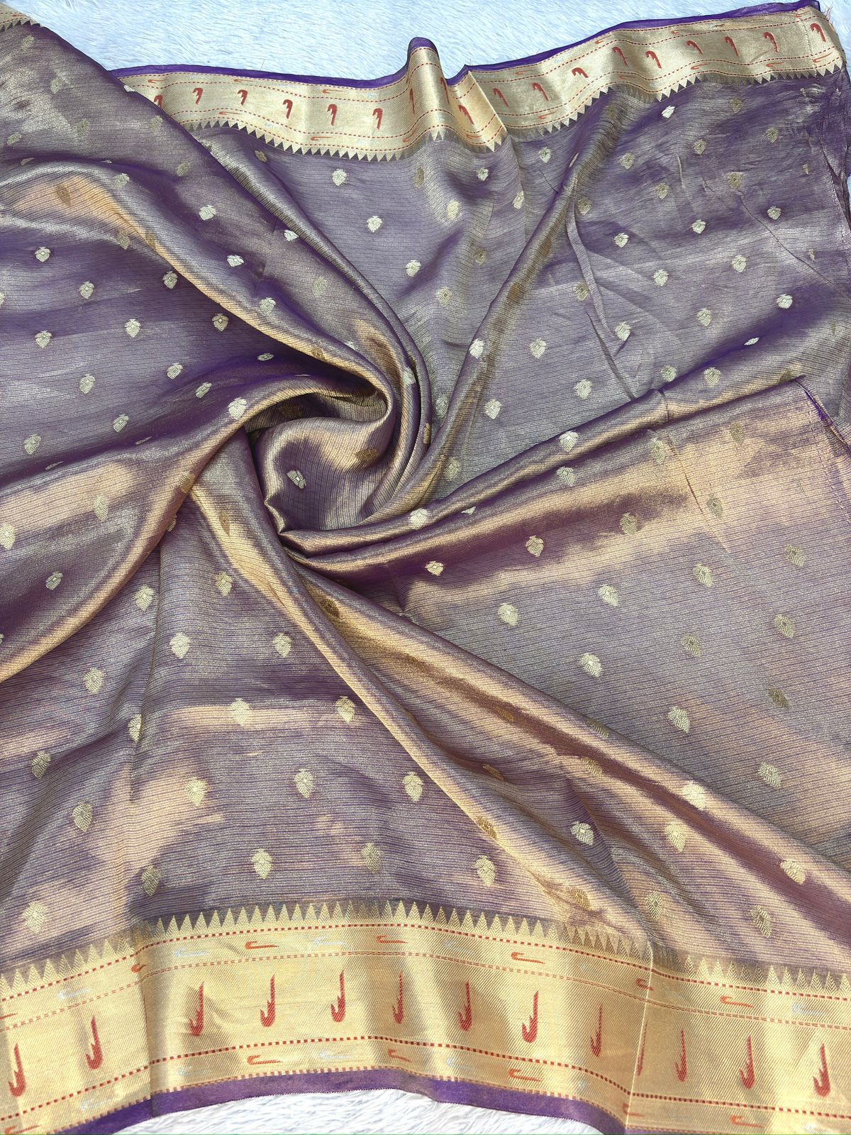 Dual Tone Mauve-Gold Tissue Silk Banarasi Saree with Geometric Jaal & Meenakari Border
