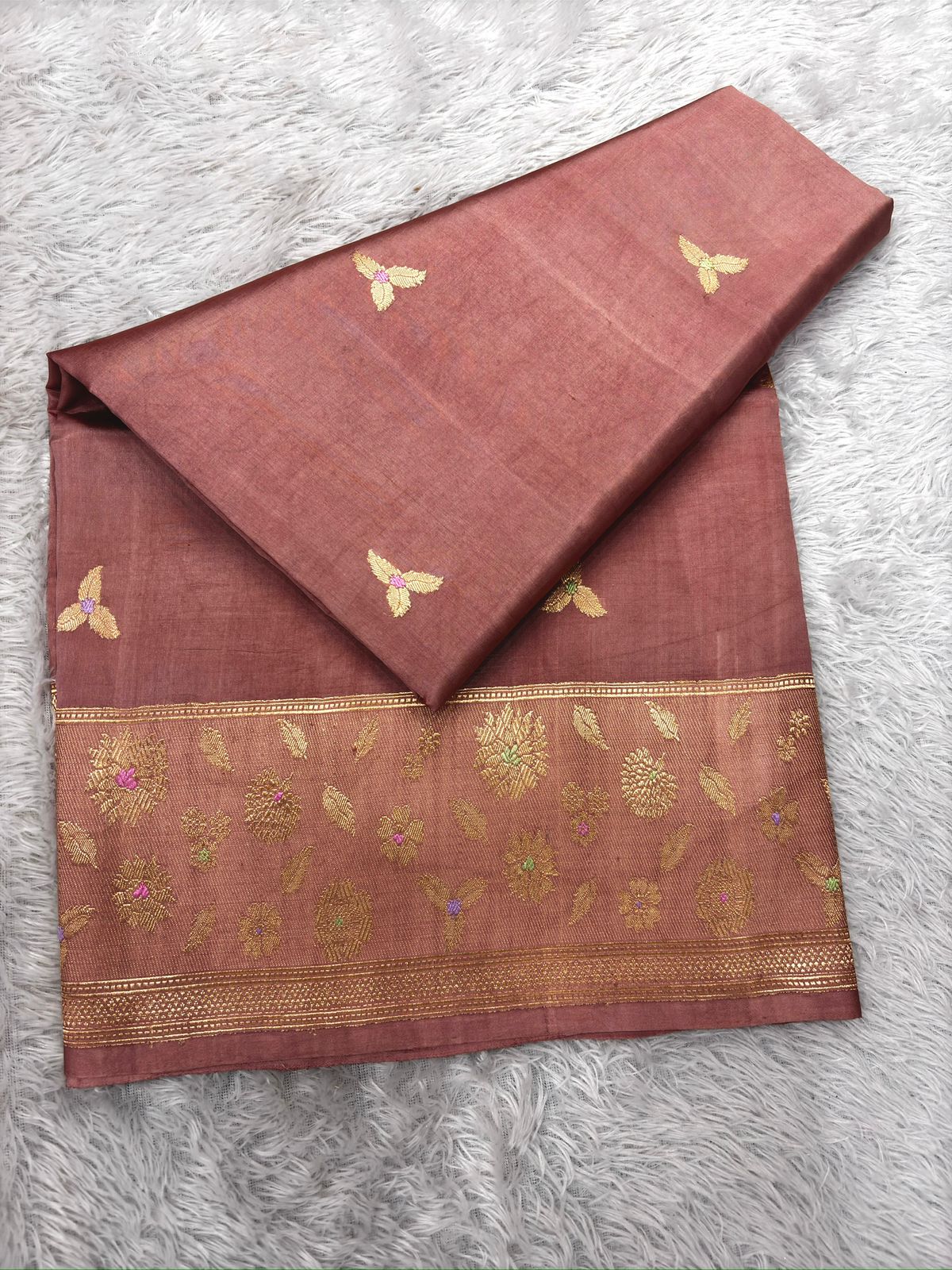 Blush Rose Katan Silk Kadhua Handloom Saree with Gold Zari Jaal