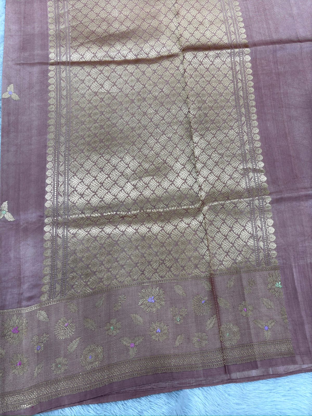Blush Rose Katan Silk Kadhua Handloom Saree with Gold Zari Jaal